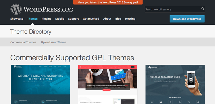 Screen grab of the WordPress Theme Directory for Paid Themes