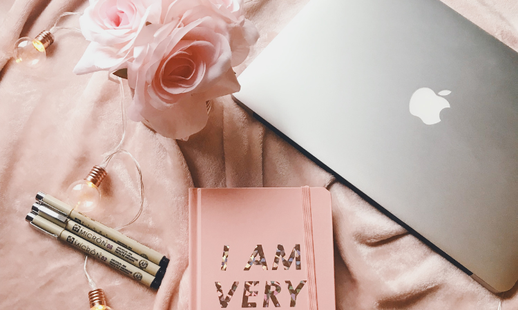 overhead shot of an Apple laptop, pink flowers, mini lightbulbs, markers, and a pink notebook or planner