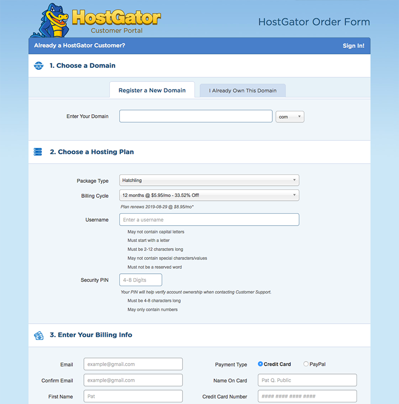 Screen shot 1 of 2 of HostGator's Order Form