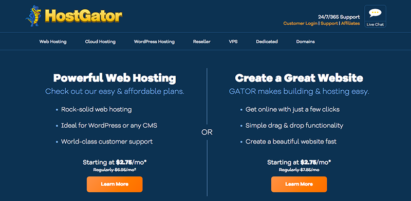Screen shot of HostGator Website's Home Page