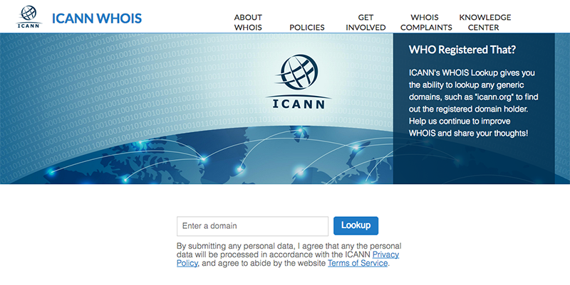 Screen shot 1 of 2 of the ICANN WHOIS Website where you can go to look up who own what domain name