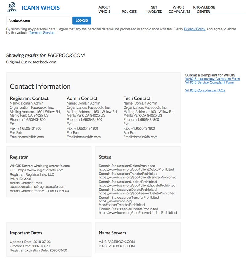 Screen shot 2 of 2 of the ICANN WHOIS Website where you can go to look up who own what domain name