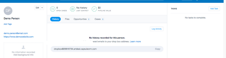 Here is an example of a contact in CapsuleCRM