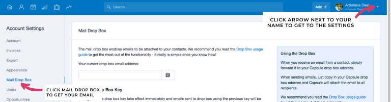 Locate your Mail Drop Box Email in CapsuleCRM