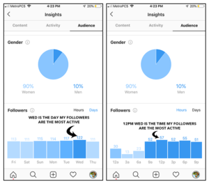 Screen grab showing an example of the section of Instagram Insights where you can see the days and times your followers are the most active