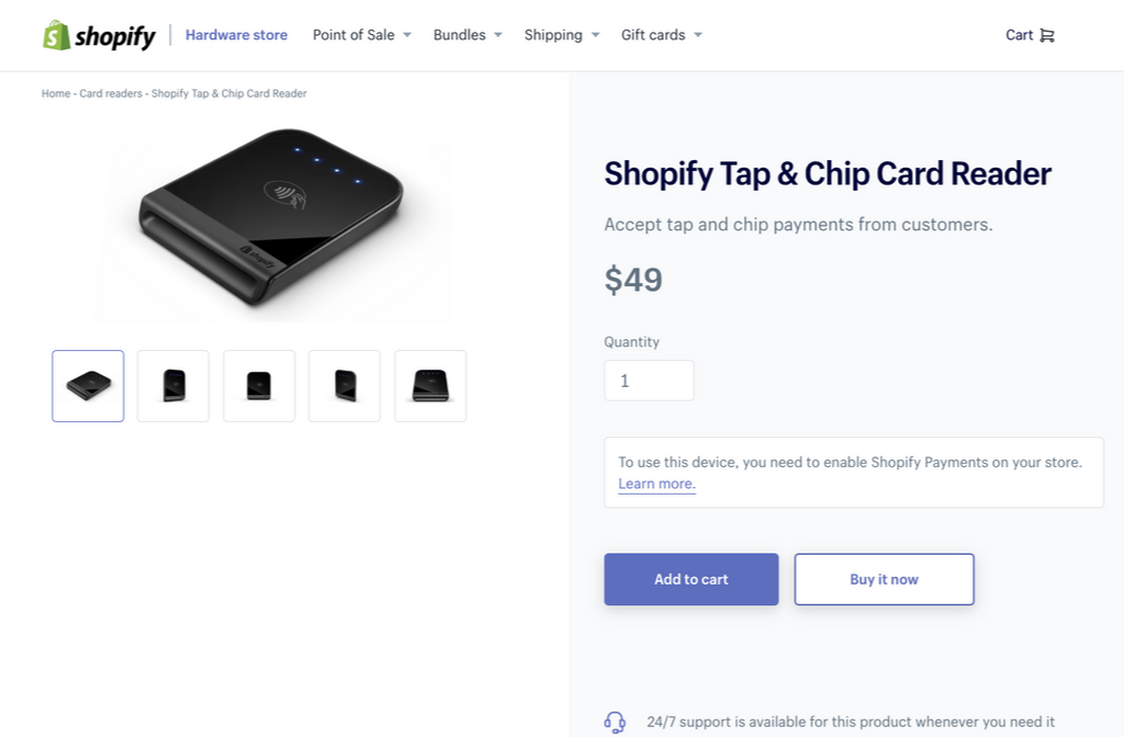 screen grab showing the Shopify card reader