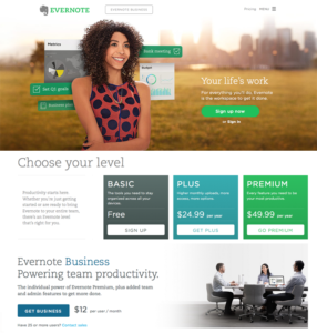 Screen grab of the Evernote website featuring their pricing options