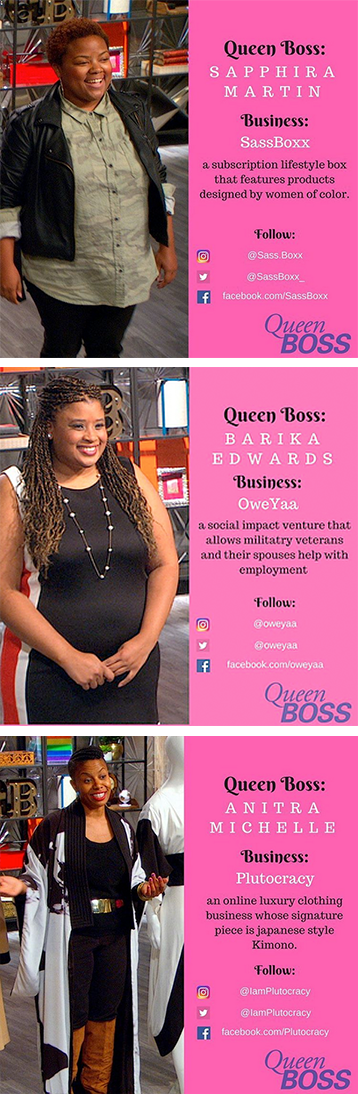 Queen Boss Season 1 Episode 3 Contestants: Sapphira Martin, Barika Edwards, and Anitra Michelle | Shetalksbiz.com