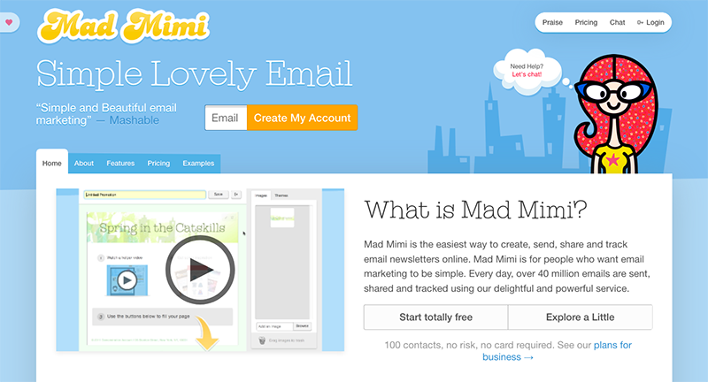 Screenshot of the Mad Mimi Home Website | Shetalksbiz.com